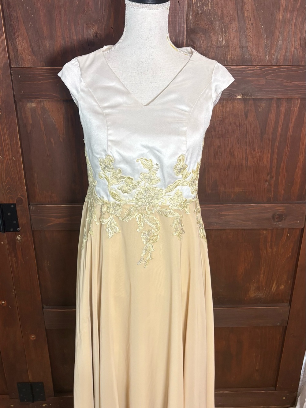 JJs House White Bodice and Cream Skirt Maxi Dress with Gold Lace